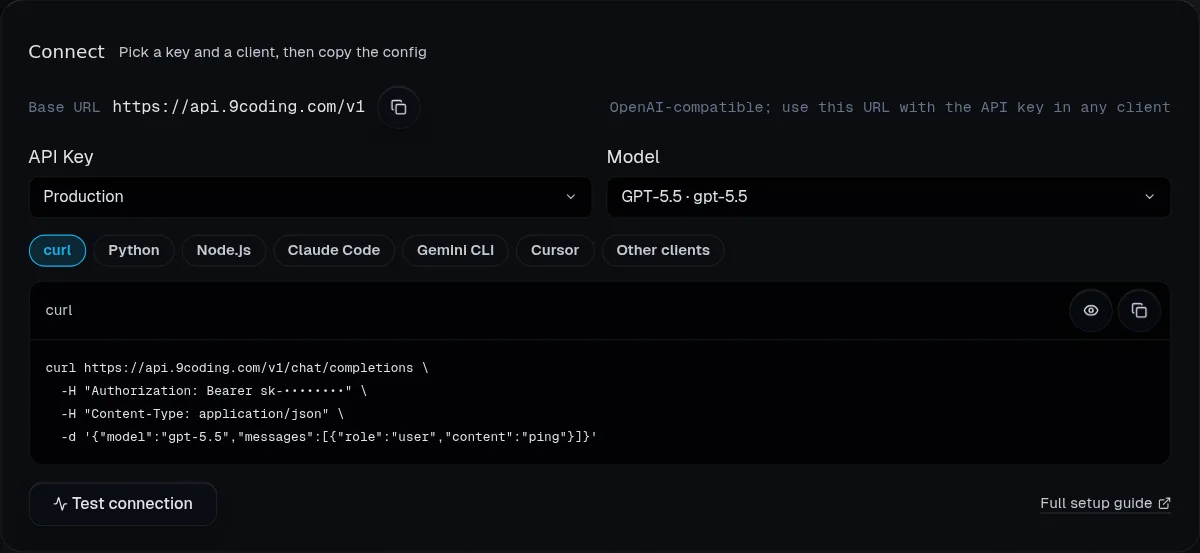 The Connect panel on the API keys page: a key and model selected, with a configuration to copy for each client tab.