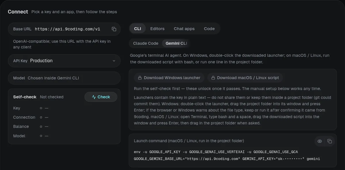 The Connect panel on the API keys page: address, key and checks on the left, apps by scenario on the right.