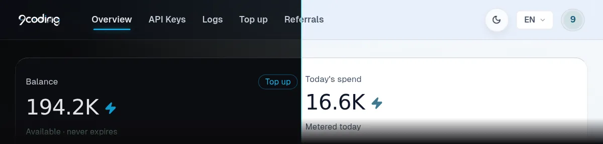 The top bar and first row of the console overview, dark theme on the left half and light theme on the right.