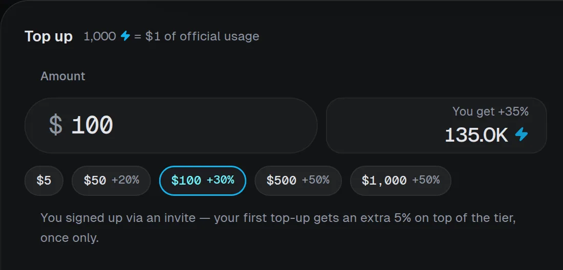 The top-up page: an amount field, the credited amount and quick amounts with their bonus.