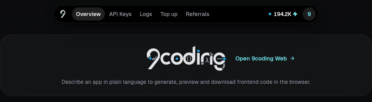 The 9coding Web entry on the console overview.
