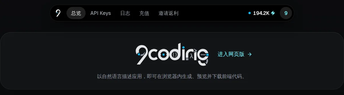 控制台总览里的 9coding Web 入口。